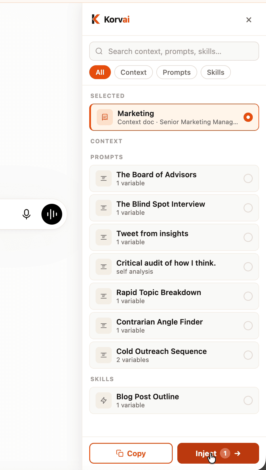 The Korvai sidebar open on chatgpt.com — searchable library of context docs, prompts, and skills with a one-click Inject button