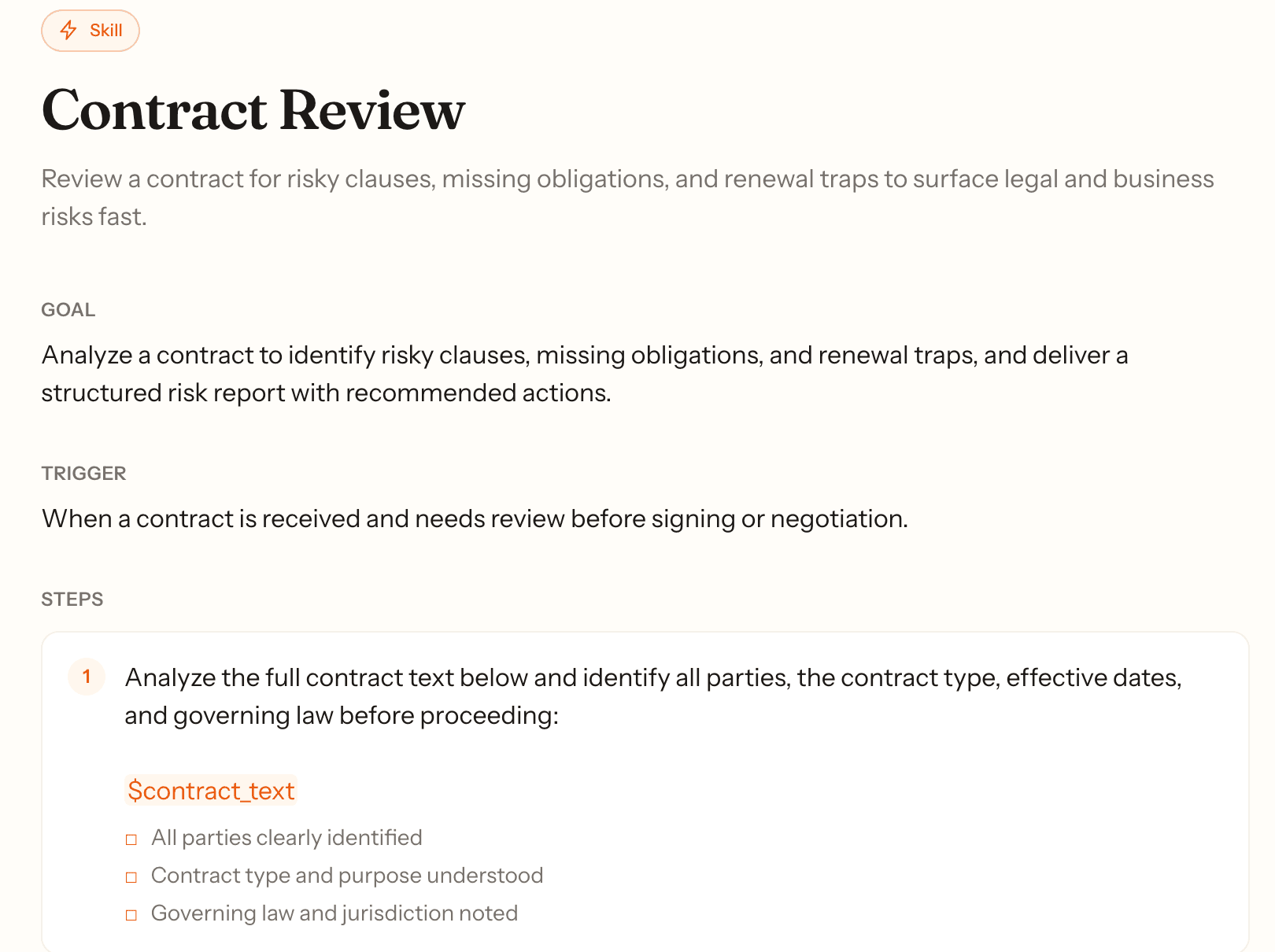 The Contract Review skill in the Korvai gallery — goal, trigger, and structured steps with a $contract_text variable